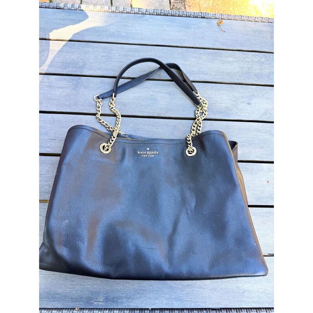 Kate Spade New York Large Black Pebbled Leather Chain Shoulder Tote Bag Gold